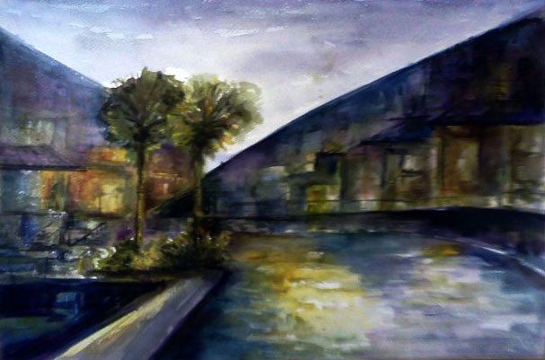 Watercolor painting at night